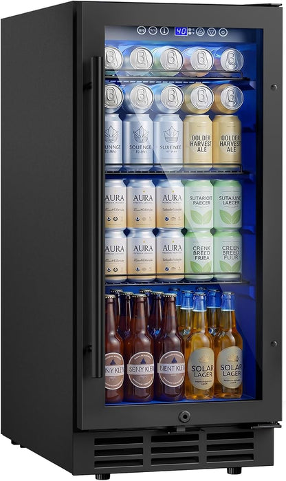 15 Inch Beverage Refrigerator 130 Cans | Under Counter Glass Door | 15 in beverage refrigerator, 130 cans, glass door, LED, lock, built-in or freestanding, quiet cooling for home, bar, kitchen