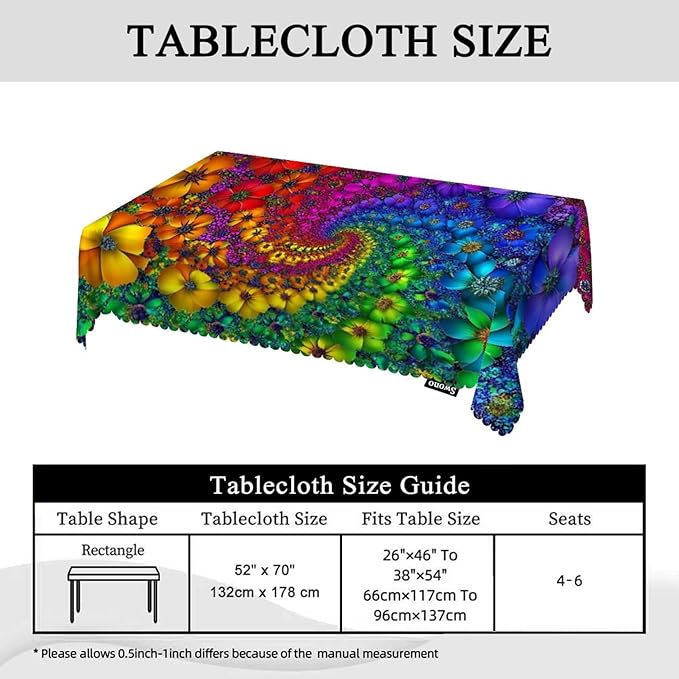 Swono Tie Dye Tablecloth Rainbow Spirals Flower Petals Tie Dye Rectangle Table Cloth Washable Plaid Table Cover for Kitchen Holiday Dinner, 52x 70 Inch Tablecloth