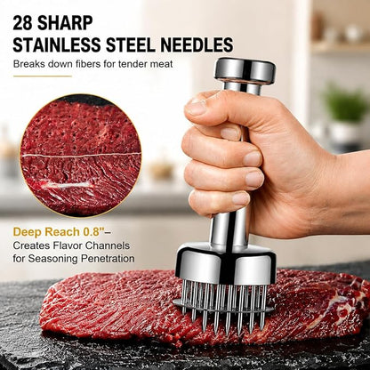 Meat Tenderizer Tool, 304 Stainless Steel, with 28 Needles & Retractable Safety Guard, Square Head Covers More Surface for Beef Steak Chicken Turkey, Dishwasher Safe