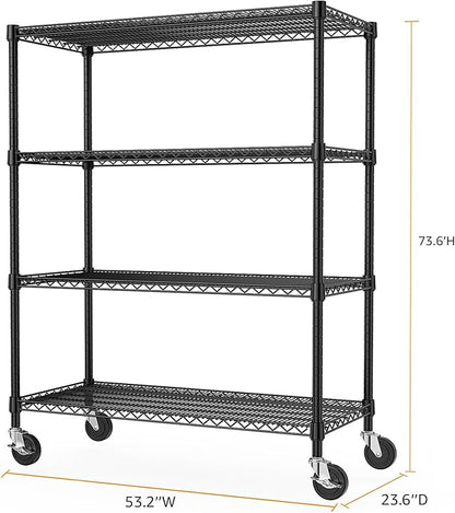 M MZG 53" W Storage Shelves 1760LBS 4 Tier Metal Shelving Unit with Wheels Heavy Duty Garage Shelving Adjustable Wire Shelves for Pantry,Kitchen,Garage,Basement,Black 23.6" D x 53.2" W x 73.6" H