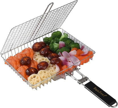 BBQ Deep Grill Basket-Barbecue BBQ Grilling, SUS304 Stainless Steel Folding Portable Outdoor Camping Rack for Fish, Shrimp, Vegetables, Cooking Accessories,Gifts for Dad,Men,Friends