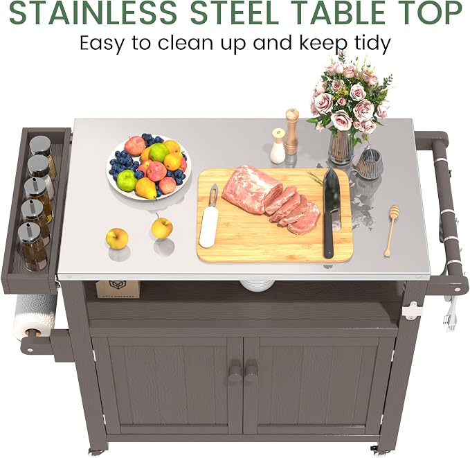 Weatherproof HIPS Outdoor Kitchen Island with Stainless Steel Top & Storage Cabinet, Movable Prep Table with Wheels for BBQ Food Prep, Outdoor Grill Cart for Parties, Cocoa Brown