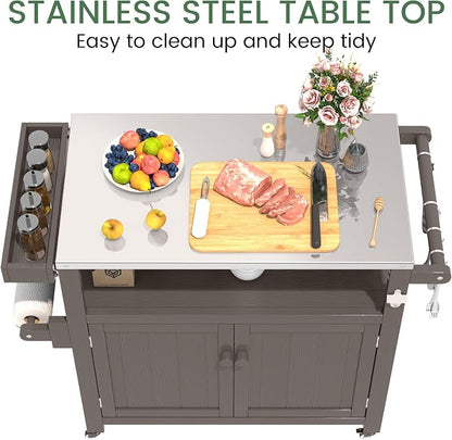 Weatherproof HIPS Outdoor Kitchen Island with Stainless Steel Top & Storage Cabinet, Movable Prep Table with Wheels for BBQ Food Prep, Outdoor Grill Cart for Parties, Cocoa Brown
