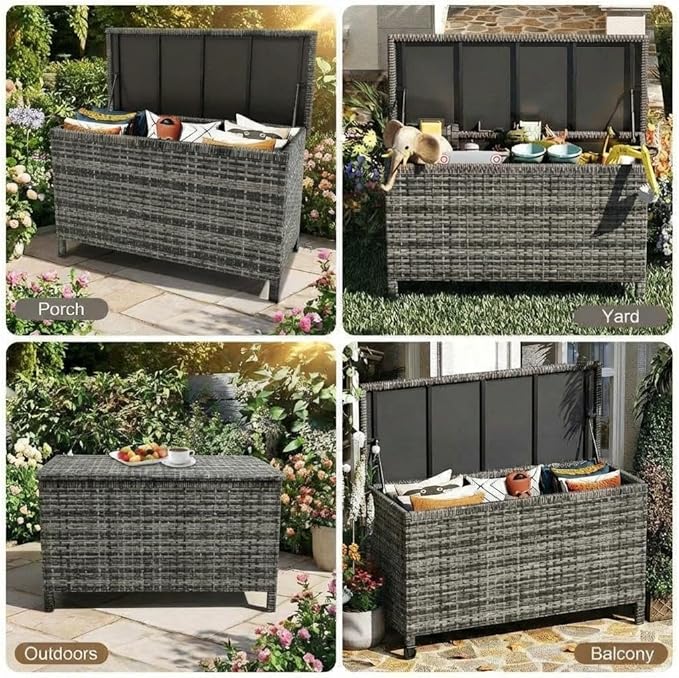 GarveeLife Outdoor Wicker Storage Box, PE Rattan Patio Storage Chest with Steel Frame, Weather-Resistant Deck Storage Box for Cushions, Garden Tools & Pool Accessories – Brown Wicker