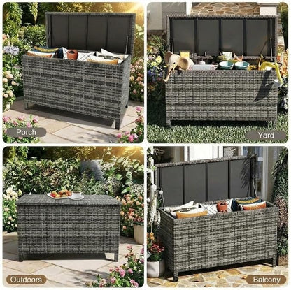 GarveeLife Outdoor Wicker Storage Box, PE Rattan Patio Storage Chest with Steel Frame, Weather-Resistant Deck Storage Box for Cushions, Garden Tools & Pool Accessories – Brown Wicker