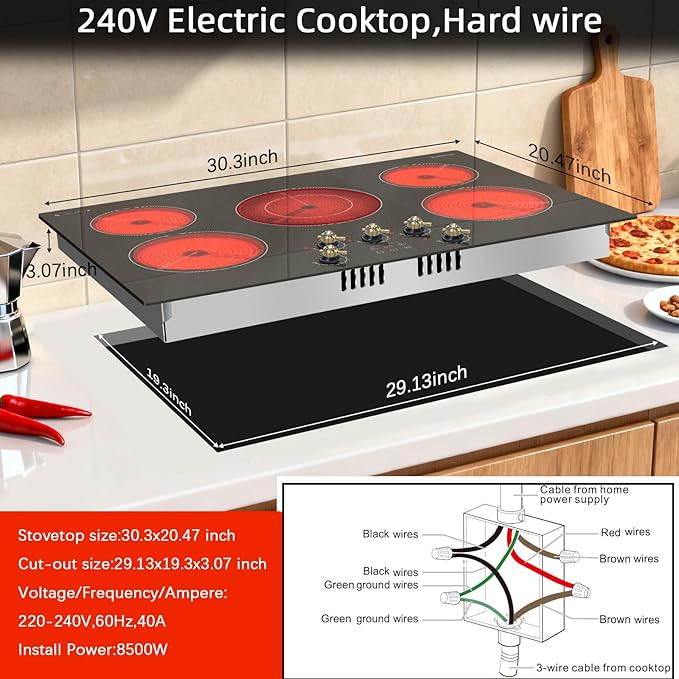 Karinear Electric Cooktop 30 Inch, 5 Burner Radiant Cooktop with Knob & Touch Control, 8500W 240V Built-in Stove Top, 9 Power Levels, Timer, Child Lock, Pause, Residual Heat Indicator(Gold Knob)
