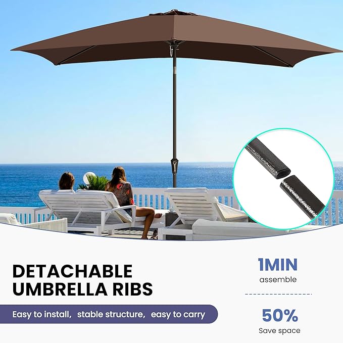 Ayge 6.5x10FT Rectangular Patio Umbrella Outdoor Table Umbrella w/Push Button Tilt & Crank Rectangle Market Umbrella UV Protection for Garden,Deck,Lawn,Yard & Pool,Brown