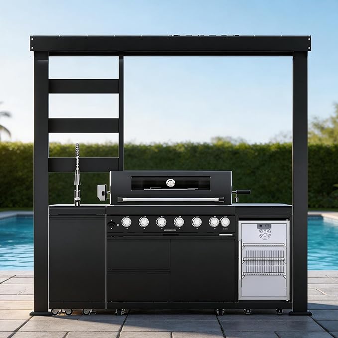 94-Inch 6-Burner 85000 BTU Propane Gas Grill Island with Shed, 304 Stainless Steel Black, Outdoor Kitchen with Wine Cooler, Rotisserie, Granite Countertops & Storage, For Backyard BBQ, Black