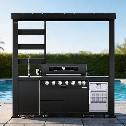 94-Inch 6-Burner 85000 BTU Propane Gas Grill Island with Shed, 304 Stainless Steel Black, Outdoor Kitchen with Wine Cooler, Rotisserie, Granite Countertops & Storage, For Backyard BBQ, Black