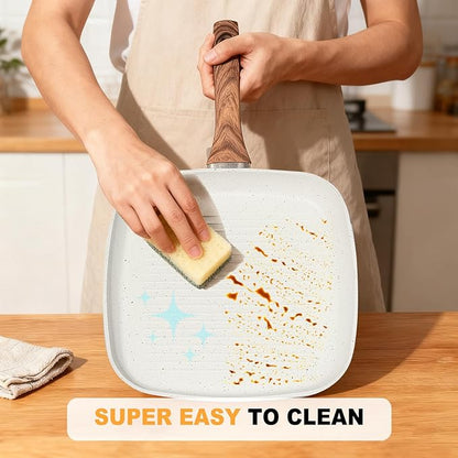 NEWBULIG 3-Piece Nonstick Grill Pan Set, Square Griddle Pans with Wooden Handles, Induction Cooktop Compatible, Nonstick Cookware for Steak, BBQ, Vegetables, Cream White, 9.5, 10.2, 11 Inch