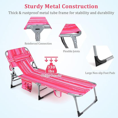 Goplus Tanning Chair, Folding Adjustable Patio Lounge Chair with Face Hole, Removable Pillow, 330LBS, Carry Strap, Outdoor Sunbathing Chair, Lightweight Portable Beach Lounge Chair