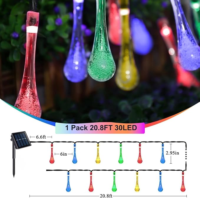 Solar Lights, Outdoor 21FT 30 LED Multicolor Water Drop Fairy Lights | Waterproof solar water fairy string lights with 8 modes auto on/off, decor for garden, patio, yard, tree, wedding