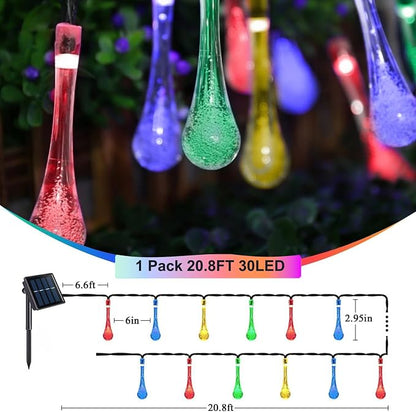 Solar Lights, Outdoor 21FT 30 LED Multicolor Water Drop Fairy Lights | Waterproof solar water fairy string lights with 8 modes auto on/off, decor for garden, patio, yard, tree, wedding