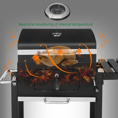 Charcoal Grill Barbecue Grills with Thermometer, Foldable Side Table and Wheels, Heavy-duty BBQ Grill for Garden Party Picnic Hiking Backyard Cooking, Easy to Assemble, Asadores de Carbon (Black)