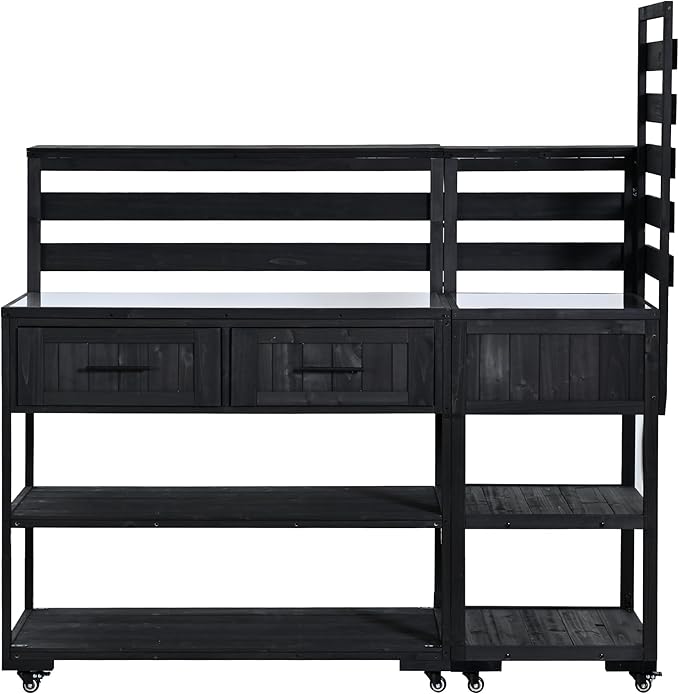 GDFStudio Elshire Patio Kitchen Island Cart with Storage, Wooden Outdoor Storage Cabinet with Stainless Steel BBQ Prep Table Top, Drawers, Raised Shelf and Lockable Wheels, Garden Potting Bench, Black