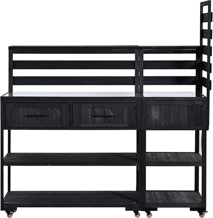 GDFStudio Elshire Patio Kitchen Island Cart with Storage, Wooden Outdoor Storage Cabinet with Stainless Steel BBQ Prep Table Top, Drawers, Raised Shelf and Lockable Wheels, Garden Potting Bench, Black