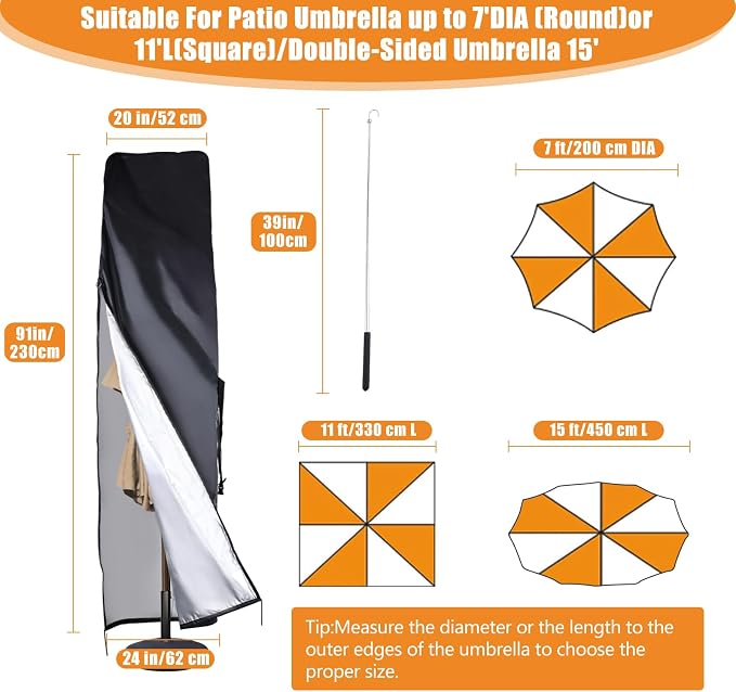DOCEPERT 420D Waterproof Patio Umbrella Cover fits 7 to 11ft Garden Outdoor Umbrellas & 15 ft Double-Sided Umbrellas,Parasol Cover with Sturdy Waterproof Zipper,Top Vent,Windproof Anti-UV Protection