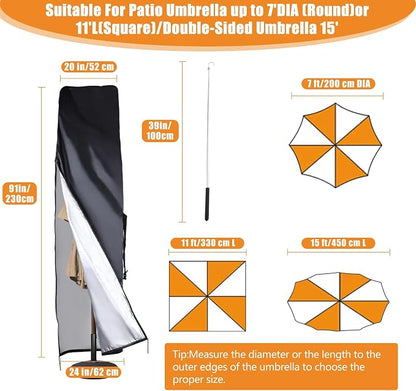 DOCEPERT 420D Waterproof Patio Umbrella Cover fits 7 to 11ft Garden Outdoor Umbrellas & 15 ft Double-Sided Umbrellas,Parasol Cover with Sturdy Waterproof Zipper,Top Vent,Windproof Anti-UV Protection