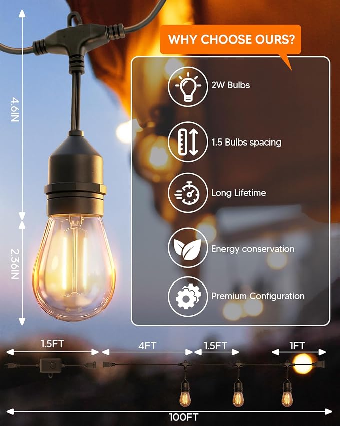 100FT S14 Outdoor String Lights, 64+4 Shatterproof Bulbs 2W, 1.5FT Spacing IP65 Waterproof| Dimmable with Remote, Heavy-Duty, Include Screw & Zip Ties for Patio Backyard Holiday Outside