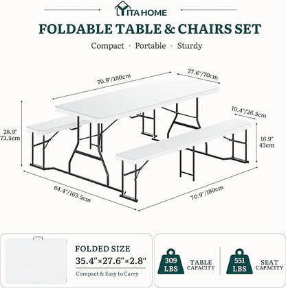 YITAHOME 6ft Folding Picnic Table with Benches | Heavy Duty 6 ft Picnic Tables for Outdoors, Portable Outdoor Table with Center Lock & Non-Slip Feet for Backyard, Camping