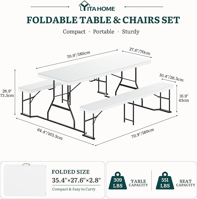 YITAHOME Picnic Table 6ft Heavy Duty Outdoor Picnic Table and Bench Resin