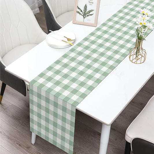 Sage Green Gingham Party Table Runner Green and White Checkered Plaid Decorations for Birthday Bridal Baby Shower Home Dining Kitchen Island Decor (13" x 120")