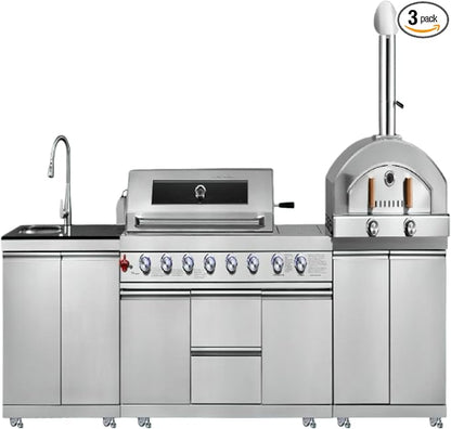 Kitchen outdoor module combination barbecue grill with gas pizza stove and sink module, stainless steel, 3-piece set