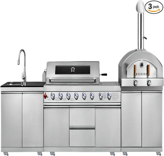 Kitchen outdoor module combination barbecue grill with gas pizza stove and sink module, stainless steel, 3-piece set