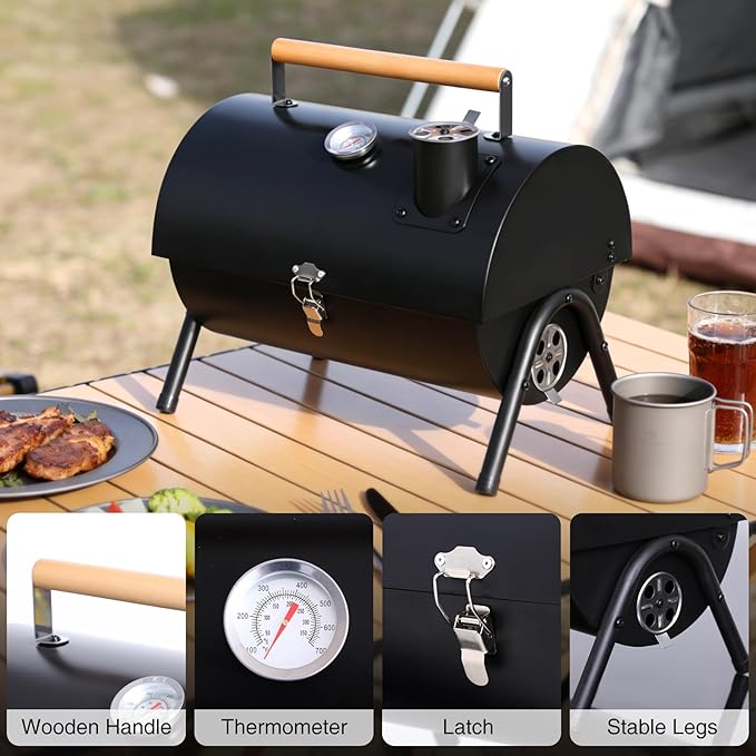 Portable Charcoal Grills with Thermometer, Heavy Duty Small BBQ Grill, Easy to Carry Compact Outdoor Camping Grill with Lid for Backyard Party Picnic Travel Hiking Beach Cooking