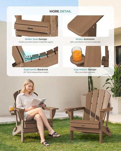 Ciokea Folding Adirondack Chair 6 Pack, Patio Adirondack Chair Weather Resistant, Plastic Fire Pit Chair with Cup Holder, Lawn Chair for Outdoor Porch Garden Backyard Deck (Teak)