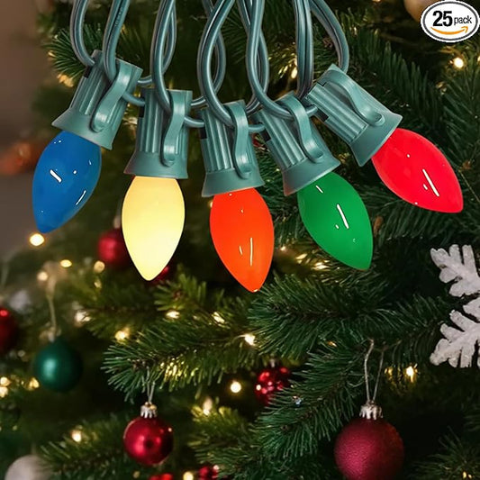 C7 Christmas Lights Outdoor, 25FT Vintage String Lights with 27 Multicolor Ceramic Bulbs for Patio Backyard Balcony Porch Decor, UL Listed, Waterproof Connectable, Classic Incandescent Glow