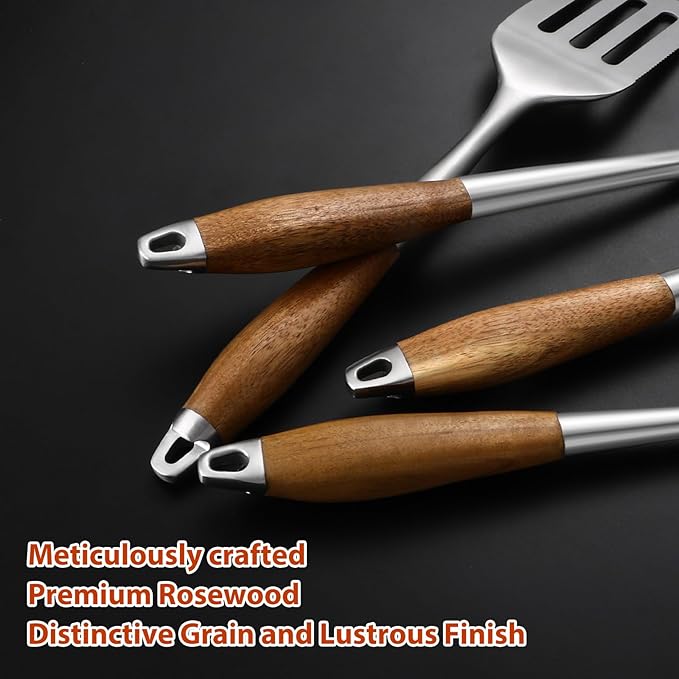 3 pcs Heavy-Duty Rose Wooden BBQ Grilling Tools Set, Extra Thick Stainless Steel Multi-Functional Spatula, Fork, Tong- an Excellent Barbecue Gift for Men