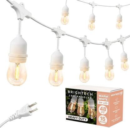 Brightech Ambience Pro Waterproof LED Outdoor String Lights, 48 Ft, Hanging, Dimmable Vintage Edison Bulbs, 15 Bulbs, 2W