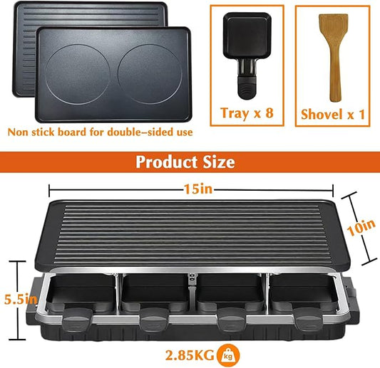 Raclette Grill for 8 — 1300W Tabletop Party Grill with 2-in-1 Reversible Non-Stick Plate | 8 Individual Cheese Pans & Spatulas | Korean BBQ + Cheese Grill | Adjustable Temp, Dishwasher Safe