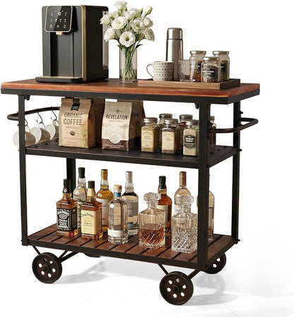 Farmhouse Mobile Cart with Wheels for Home Kitchen Industrial Rolling Food Cart Outdoor Vintage Wood and Metal Design Utility Cart in Office Coffee House 3 Tier with 2 Side Handle