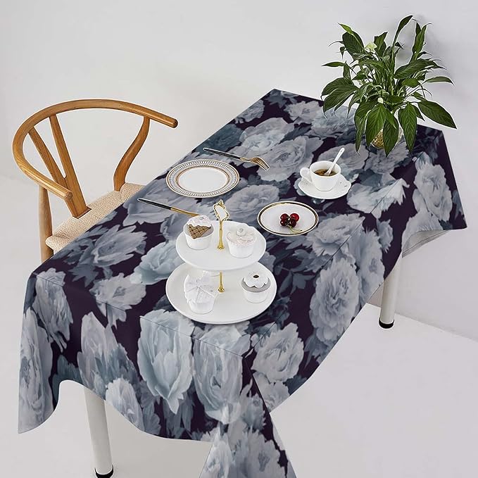 Vintage Florals Tablecloth, Gothic Black Garden Peonies Flowers Rustic Roses Boho Botanical Plant Water Resistant Wipeable Table Cover for Picnic Party Holiday Kitchen Dinner Table 60"x90"