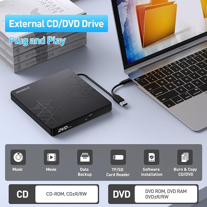 ORIGBELIE External CD DVD Drive, CD/DVD ROM +/-RW Adapter with USB Ports | USB 3.0 Type C Optical Disk Drive CD DVD Player Burner Reader Writer for Laptop PC Desktop Computer Macbook OS Windows Linux