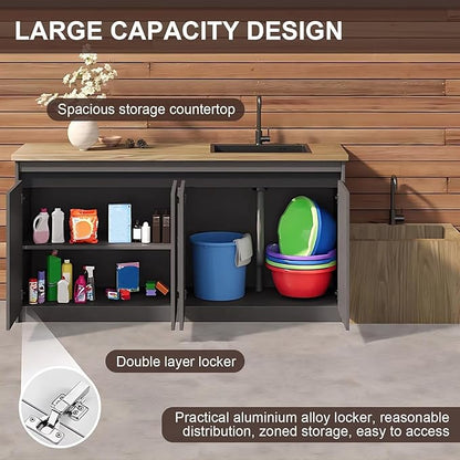 87IN Outdoor Kitchen Cabinet - Kitchen Cabinet with Countertop Includes Stripe Design & Mop Pool,Outdoor Table with Aluminum Alloy,Stainless Steel Sink and Slate Countertop,Hidden Handle