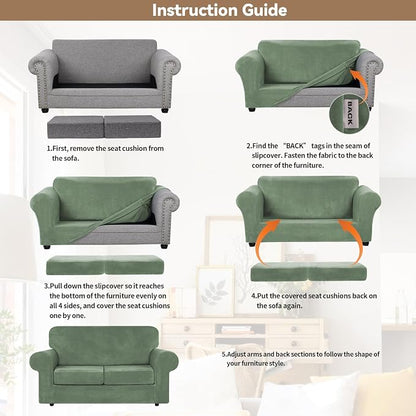 WEERRW Velvet Stretch 3 Pieces Couch Cover for Sofa Washable, Greyish Green | Love Seat Couch Covers for 2 Cushion Couch Sofa Furniture Protector slipcoves with Elastic Bottom for Kids, Medium
