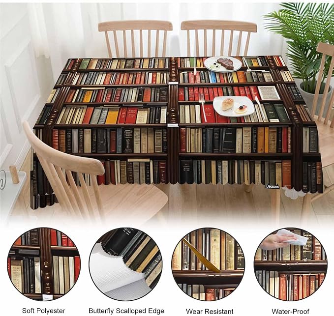 Tablecloth Bookshelf, Library Bookshelves Books Rectangular Table Cover Kitchen Table Cloth for Dining Hotel Coffee Parties Tabletop Decoration, 52x70 Inch