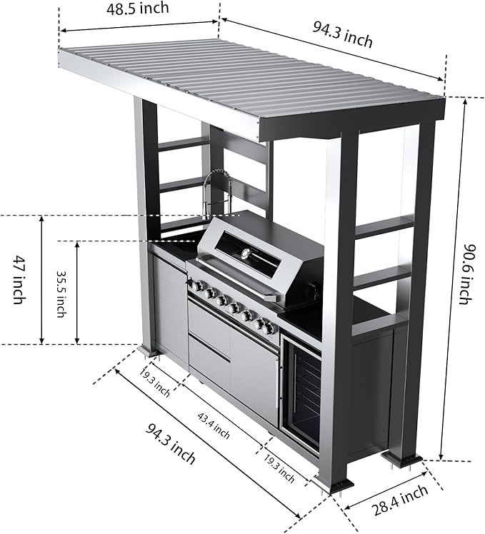 94-Inch 6-Burner 85000 BTU Stainless Steel Natural Gas Grill Outdoor Kitchen Island with Canopy,684Sq.In Cooking Area,Wine Cooler,Refrigerator,Rotisserie,For Backyard BBQ,Silver