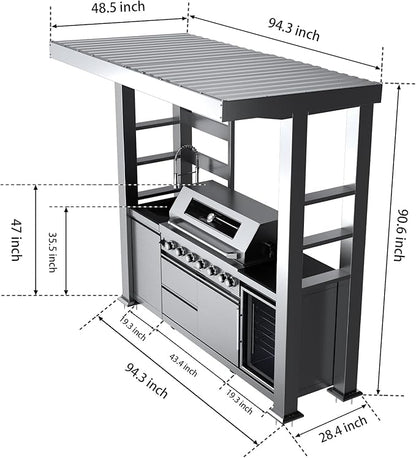94-Inch 6-Burner 85000 BTU Stainless Steel Natural Gas Grill Outdoor Kitchen Island with Canopy,684Sq.In Cooking Area,Wine Cooler,Refrigerator,Rotisserie,For Backyard BBQ,Silver