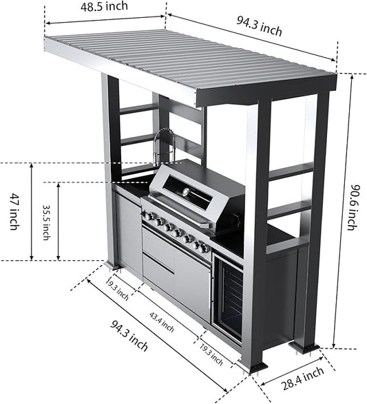 94-Inch6-Burner Gas Range (85,000 BTU) Stainless Steel Outdoor Kitchen Grill Island with Refrigerator, Rotisserie, Granite Countertop, Storage Cabinets, and Drawers (Silver, 94"(Propane Gas))