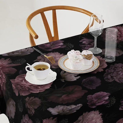 Vintage Florals Tablecloth, Gothic Summer Garden Peonies Flowers Rustic Roses Boho Botanical Plant Water Resistant Wipeable Table Cover for Picnic Party Holiday Kitchen Dinner Table 55"x75"