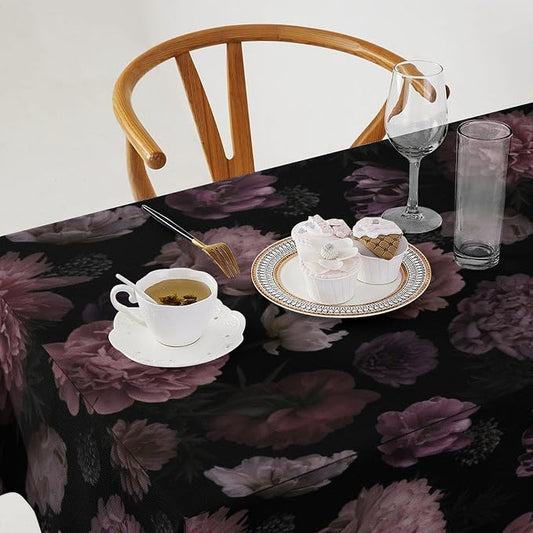 Vintage Florals Tablecloth, Gothic Summer Garden Peonies Flowers Rustic Roses Boho Botanical Plant Water Resistant Wipeable Table Cover for Picnic Party Holiday Kitchen Dinner Table 55"x75"