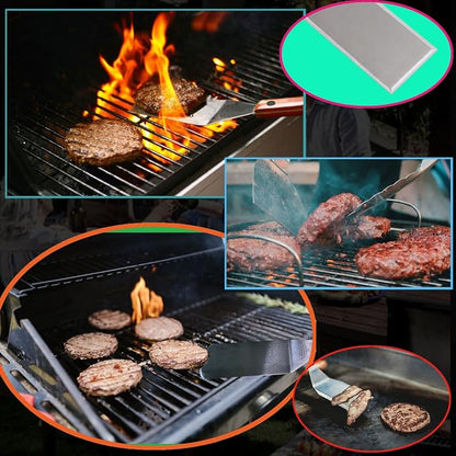 La Cuisine 3 PC Stainless Steel Griddle Spatula Set — Standard & Long Spatulas + Chopper/Scraper with Solid Wood Handles for Grill, BBQ, Teppanyaki & Flat Top Cooking