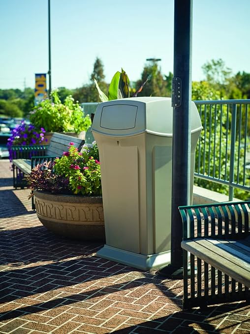 Rubbermaid Commercial Products Ranger Outdoor Trash Can with Lid and Doors, 45-Gallon, Black Plastic, Outdoor Garbage Can/Wastebasket for Parks/Shopping Malls/Festivals/Stadiums
