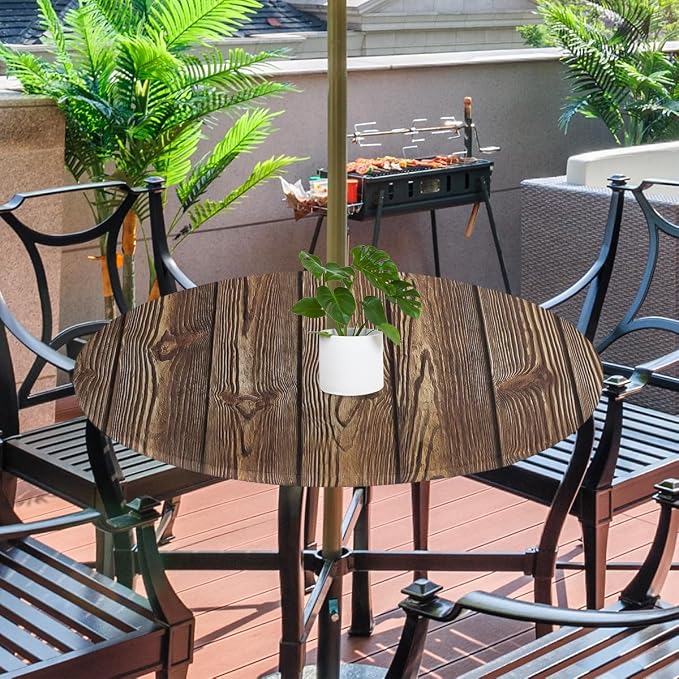 Brown Wooden Texture Round Fitted Tablecloth with Umbrella Hole and Zipper, 36"-44" Outdoor Elastic Tablecloths Wipeable Patio Table Cover for Garden Table Picnic Party BBQs Camping