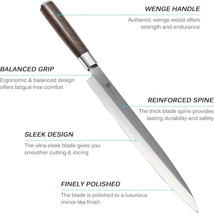 KYOKU Samurai Series - 10.5" Yanagiba Knife Japanese Sushi Sashimi Knives - Superior Japanese Steel - Wenge Wood Handle - with Case