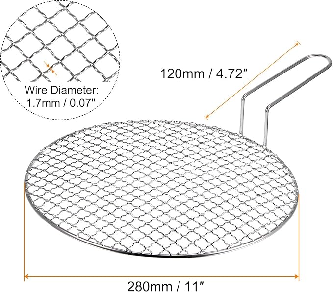 HARFINGTON Stainless Steel Grill 11-inch Round Barbecue Net BBQ Grill Pan Non-Stick Baking Wire Mesh Rack with Handle for Charcoal BBQ Steak